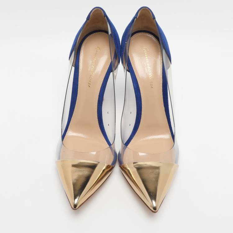 Pre Owned Gianvito Rossi Plexi Size 38.5 Blue/Gold PVC and Suede Pumps