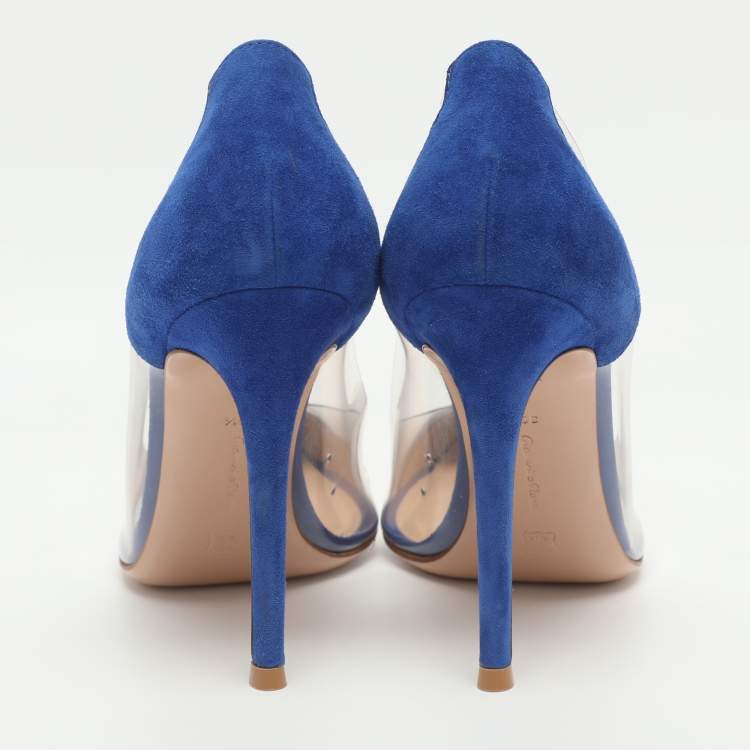 Pre Owned Gianvito Rossi Plexi Size 38.5 Blue/Gold PVC and Suede Pumps