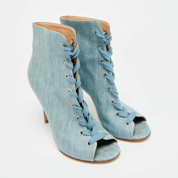 Pre Owned Gianvito Rossi Size 39 Blue Denim Lace Up Open Toe Ankle Length Boots