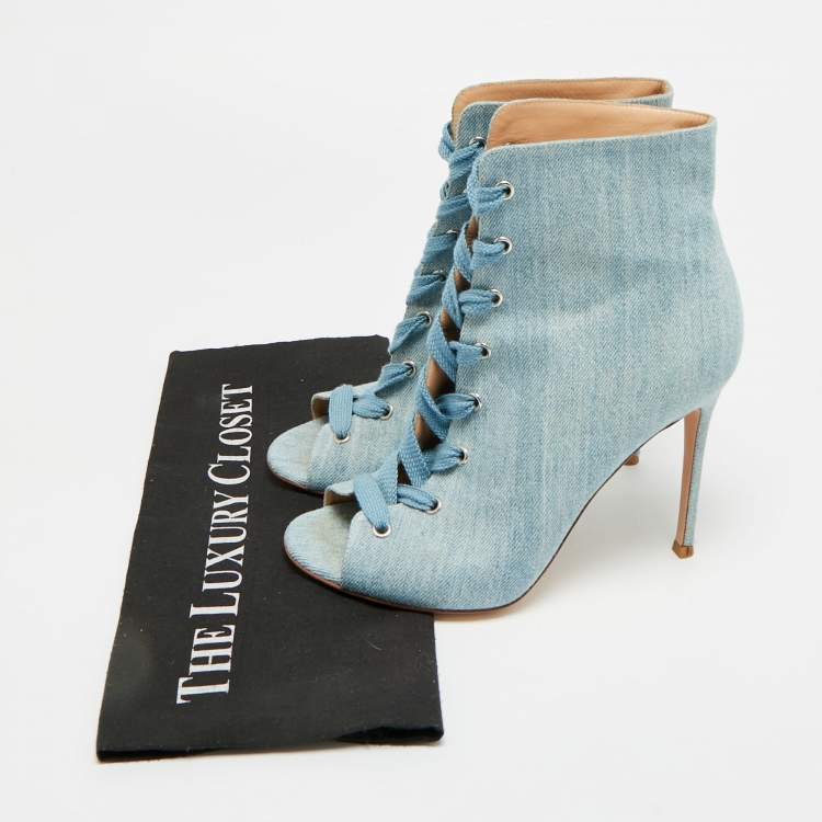 Pre Owned Gianvito Rossi Size 39 Blue Denim Lace Up Open Toe Ankle Length Boots