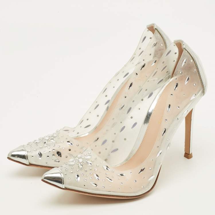 Pre Owned Gianvito Rossi Halley Size 38 Transparent/Silver Patent Leather and PVC Crystal Embellished Pumps