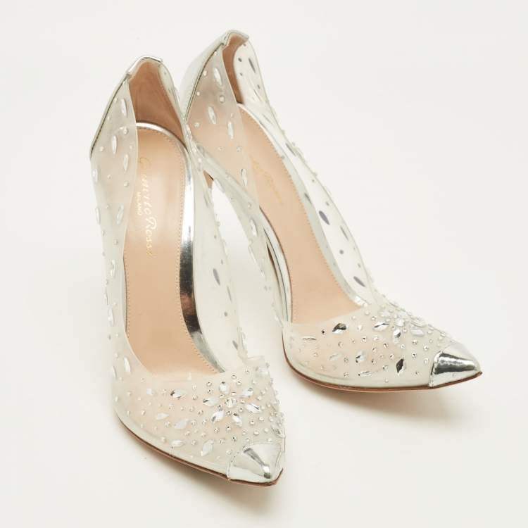 Pre Owned Gianvito Rossi Halley Size 38 Transparent/Silver Patent Leather and PVC Crystal Embellished Pumps