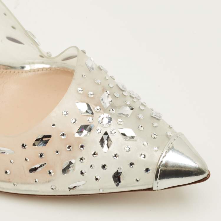 Pre Owned Gianvito Rossi Halley Size 38 Transparent/Silver Patent Leather and PVC Crystal Embellished Pumps