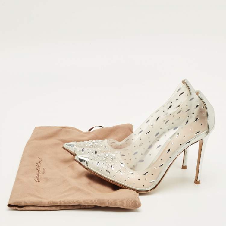 Pre Owned Gianvito Rossi Halley Size 38 Transparent/Silver Patent Leather and PVC Crystal Embellished Pumps