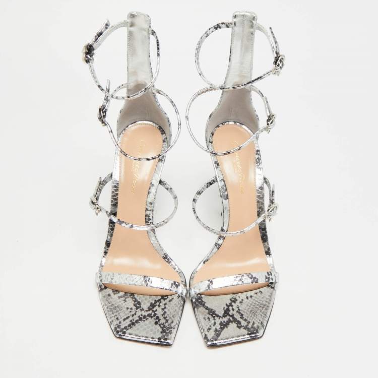 Pre Owned Gianvito Rossi Ribbon Uptown Size 38 Silver/Black Snakeskin Embossed Leather Ankle Strap Sandals