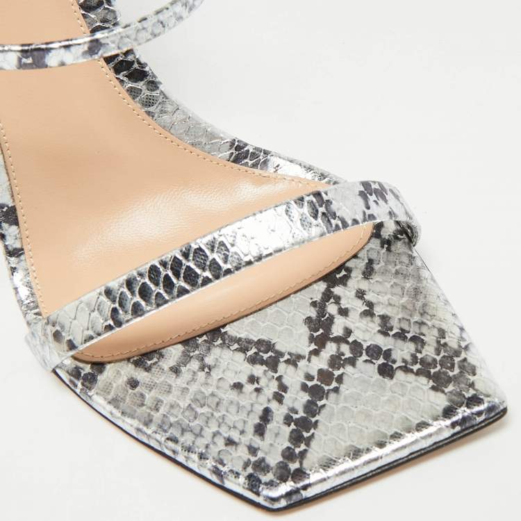 Pre Owned Gianvito Rossi Ribbon Uptown Size 38 Silver/Black Snakeskin Embossed Leather Ankle Strap Sandals