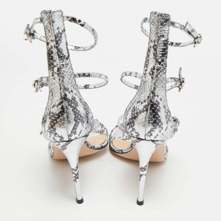 Pre Owned Gianvito Rossi Ribbon Uptown Size 38 Silver/Black Snakeskin Embossed Leather Ankle Strap Sandals