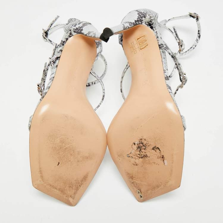 Pre Owned Gianvito Rossi Ribbon Uptown Size 38 Silver/Black Snakeskin Embossed Leather Ankle Strap Sandals