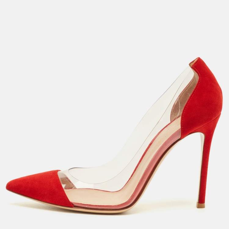 Pre Owned Gianvito Rossi Plexi Size 37 Red/Transparent PVC and Suede Pumps