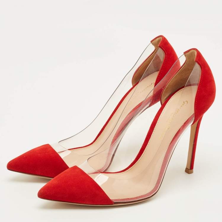 Pre Owned Gianvito Rossi Plexi Size 37 Red/Transparent PVC and Suede Pumps