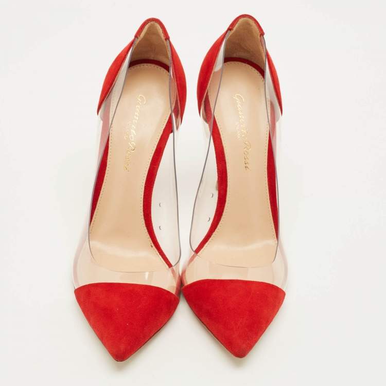 Pre Owned Gianvito Rossi Plexi Size 37 Red/Transparent PVC and Suede Pumps