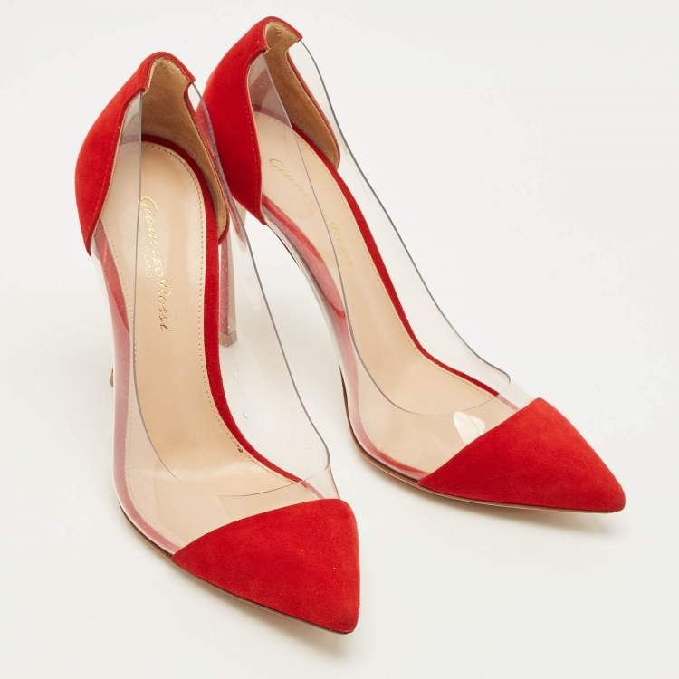 Pre Owned Gianvito Rossi Plexi Size 37 Red/Transparent PVC and Suede Pumps