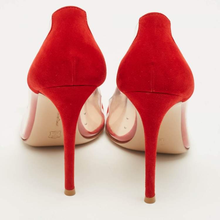 Pre Owned Gianvito Rossi Plexi Size 37 Red/Transparent PVC and Suede Pumps