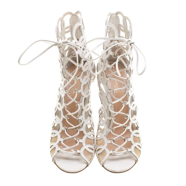 Pre Owned Gianvito Rossi White Cutout Leather Lace Up Peep Toe Sandals Size 37