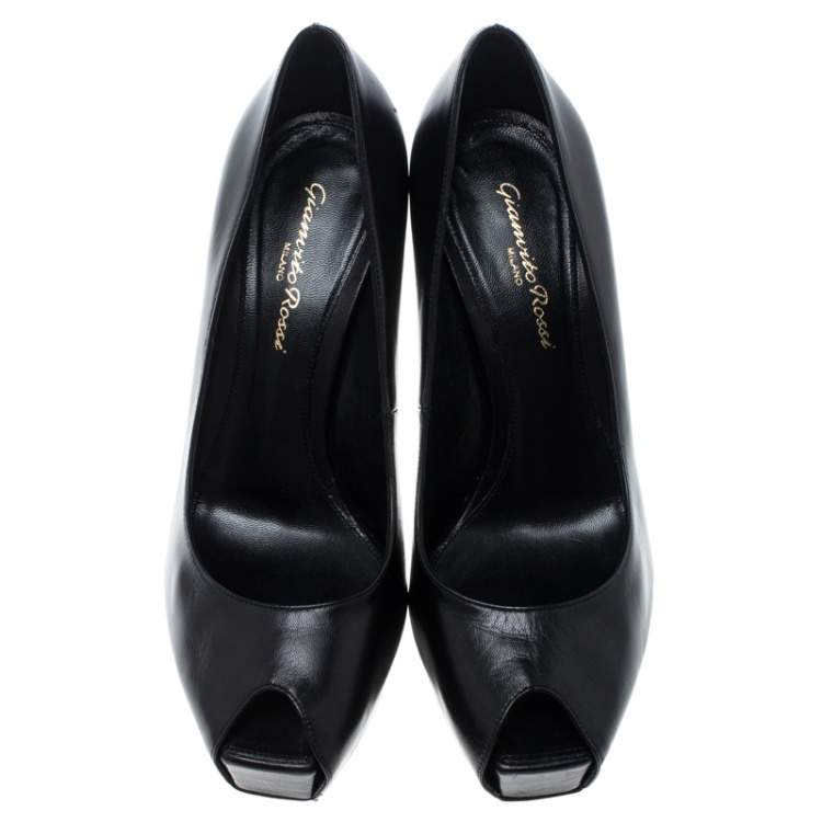 Pre Owned Gianvito Rossi Black Leather Peep Toe Platform Pumps Size 37.5