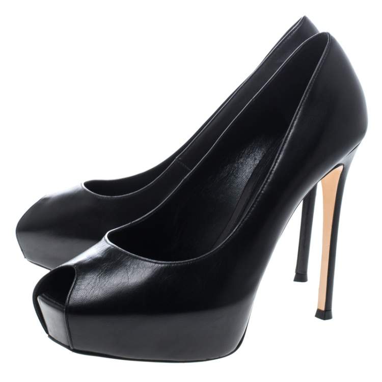 Pre Owned Gianvito Rossi Black Leather Peep Toe Platform Pumps Size 37.5