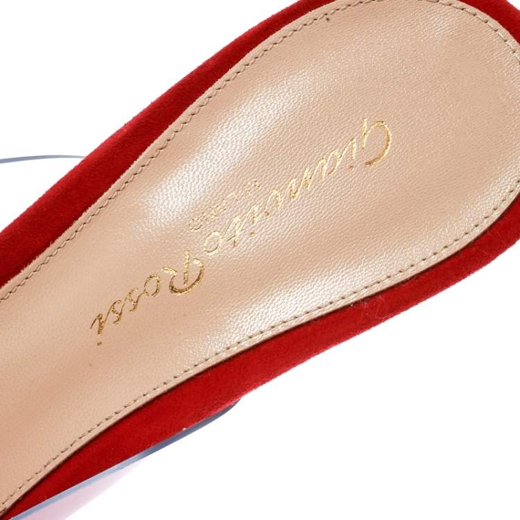 Pre Owned Gianvito Rossi Red Suede and PVC Plexi Pointed Toe Mule Sandals Size 37.5