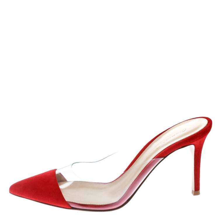 Pre Owned Gianvito Rossi Red Suede and PVC Plexi Pointed Toe Mule Sandals Size 37.5