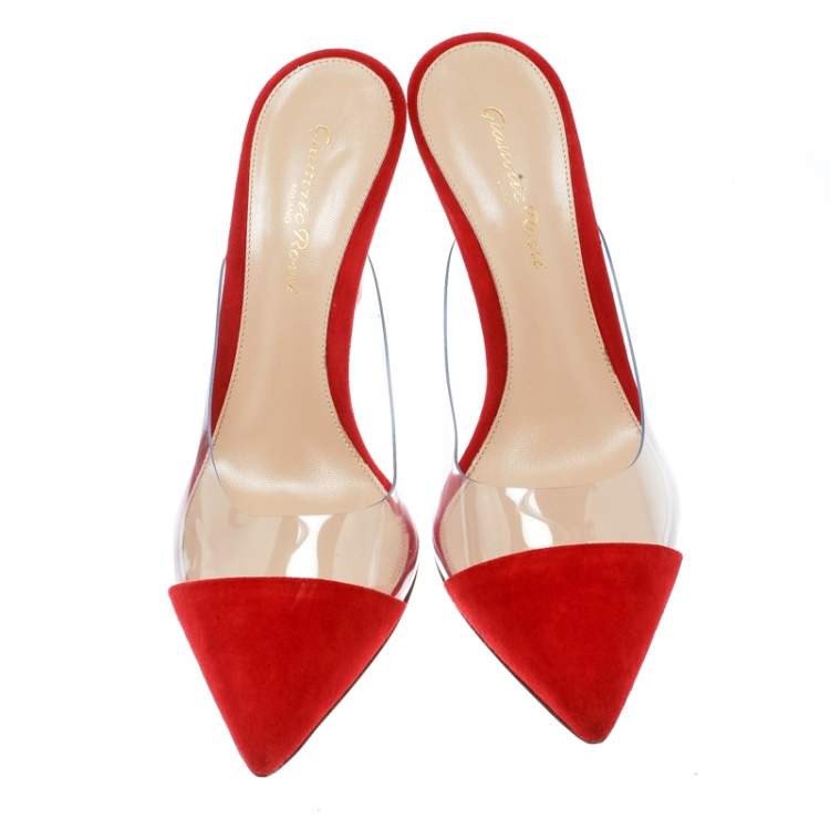 Pre Owned Gianvito Rossi Red Suede and PVC Plexi Pointed Toe Mule Sandals Size 37.5