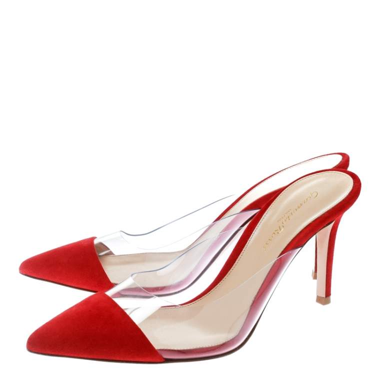 Pre Owned Gianvito Rossi Red Suede and PVC Plexi Pointed Toe Mule Sandals Size 37.5