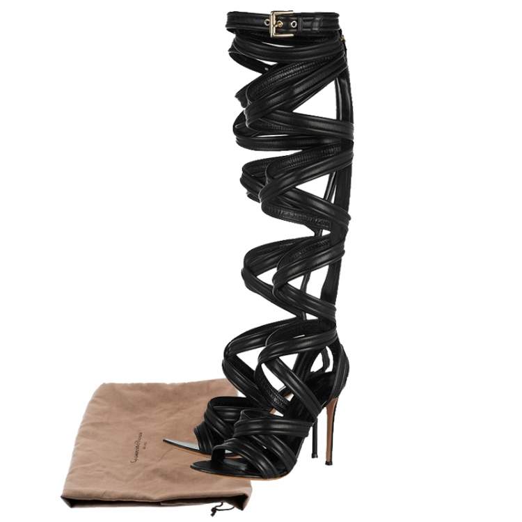 Pre Owned Gianvito Rossi Black Leather Gladiator Knee Length Sandals Size 36