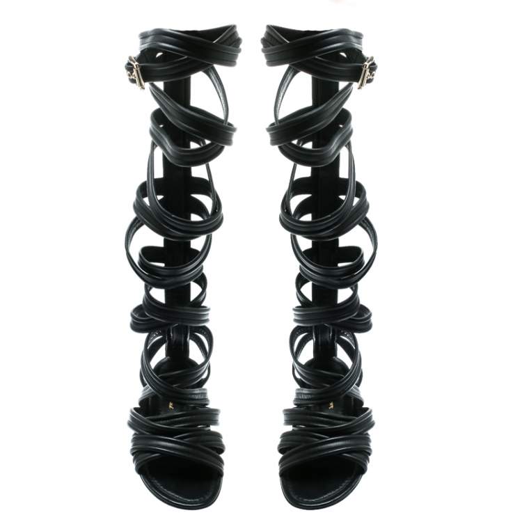 Pre Owned Gianvito Rossi Black Leather Gladiator Knee Length Flat Sandals Size 35