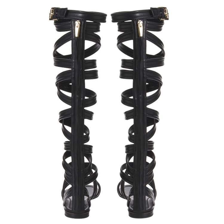 Pre Owned Gianvito Rossi Black Leather Gladiator Knee Length Flat Sandals Size 35