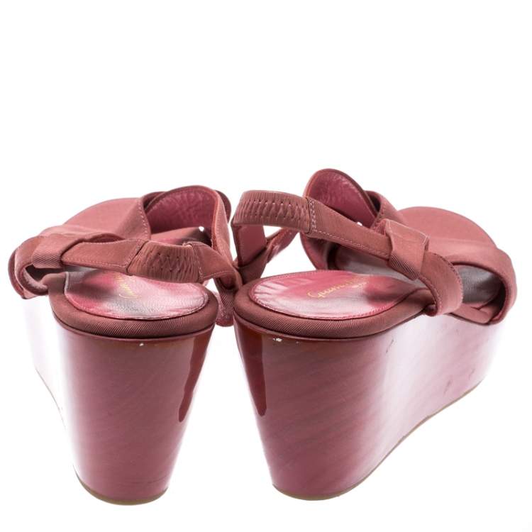 Pre Owned Gianvito Rossi Pink Canvas Wedge Cross Strap Sandals Size 37