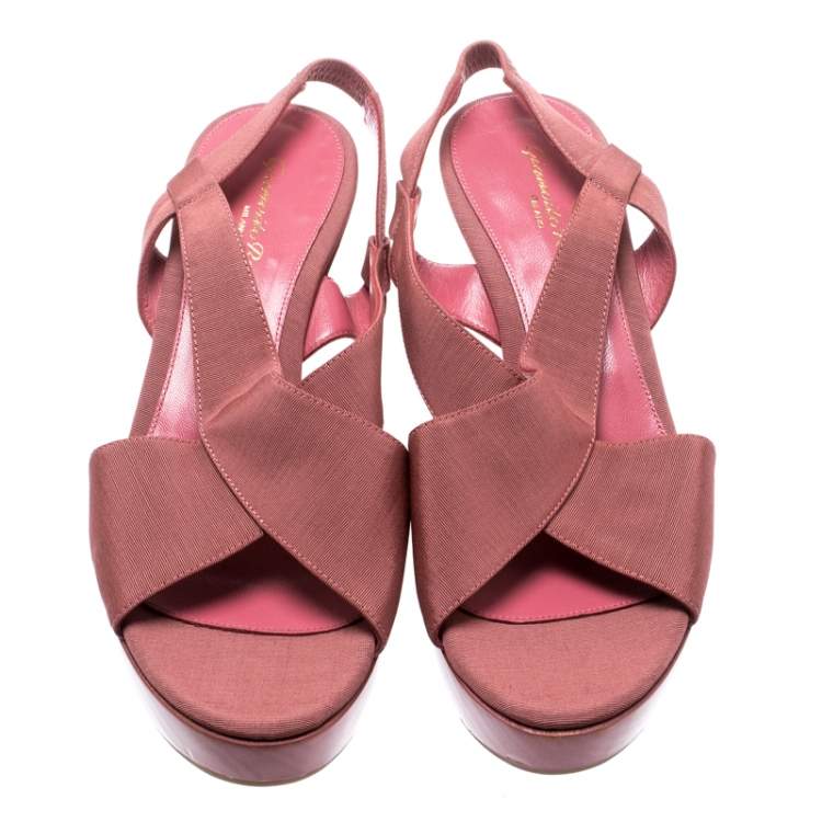 Pre Owned Gianvito Rossi Pink Canvas Wedge Cross Strap Sandals Size 37