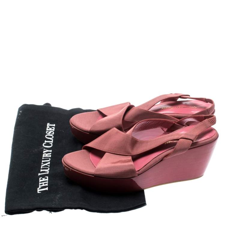 Pre Owned Gianvito Rossi Pink Canvas Wedge Cross Strap Sandals Size 37