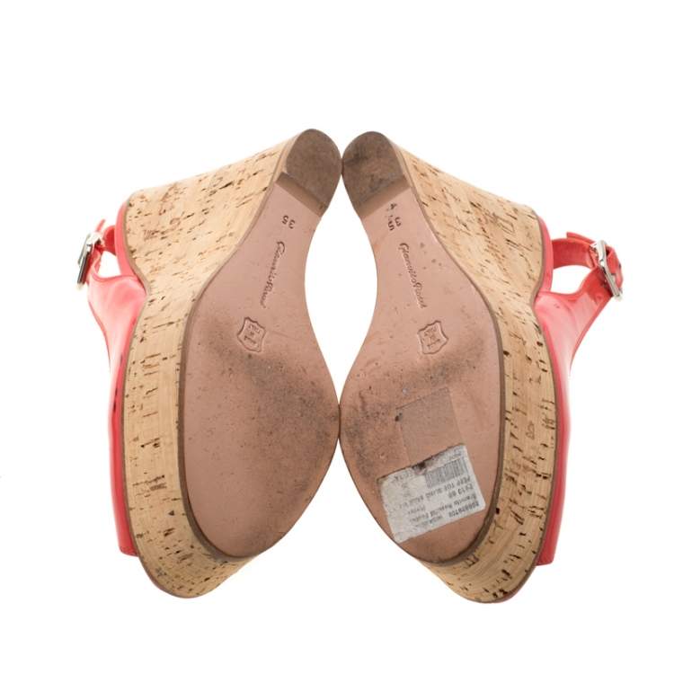 Pre Owned  Gianvito Rossi Pink Patent Leather Slingback Wedge Sandals Size 35
