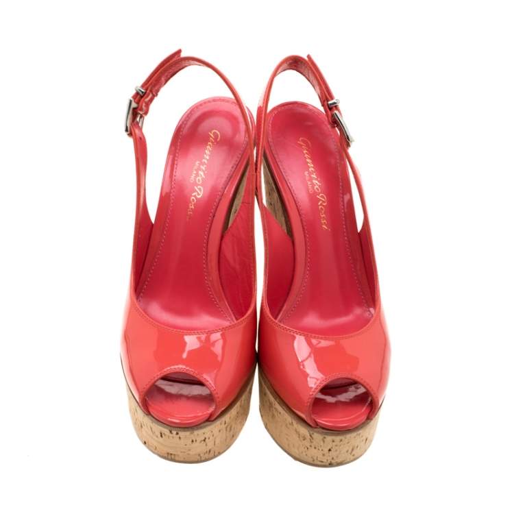 Pre Owned  Gianvito Rossi Pink Patent Leather Slingback Wedge Sandals Size 35