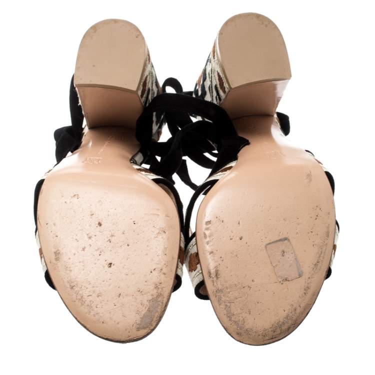 Pre Owned Gianvito Rossi Multicolor Embroidered Canvas And Suede Cheyenne Ankle Wrap Sandals 39.5