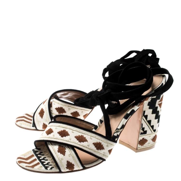 Pre Owned Gianvito Rossi Multicolor Embroidered Canvas And Suede Cheyenne Ankle Wrap Sandals 39.5