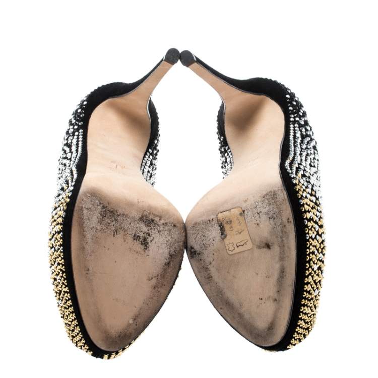 مملوكة مسبقًا Giuseppe Zanotti Black Crystal Embellished Peep Toe Platform Pumps Size 38.5