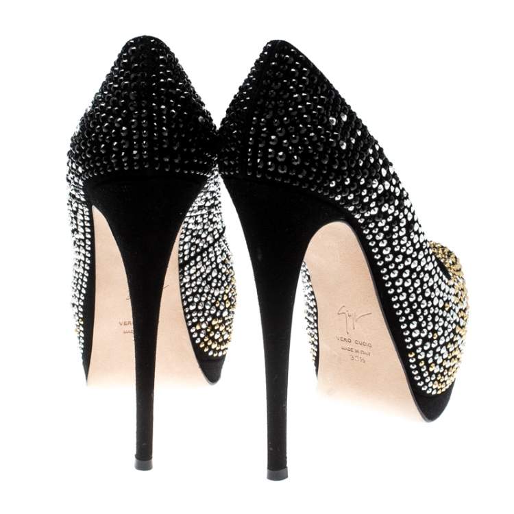 مملوكة مسبقًا Giuseppe Zanotti Black Crystal Embellished Peep Toe Platform Pumps Size 38.5