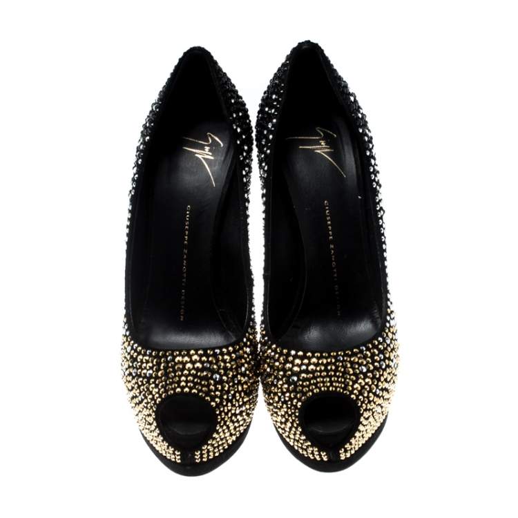 مملوكة مسبقًا Giuseppe Zanotti Black Crystal Embellished Peep Toe Platform Pumps Size 38.5
