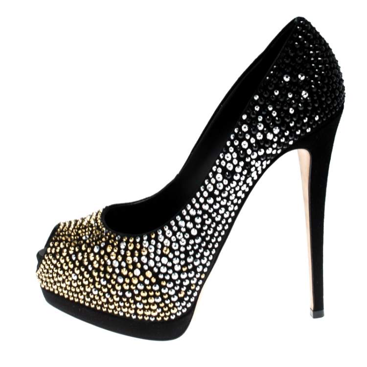 مملوكة مسبقًا Giuseppe Zanotti Black Crystal Embellished Peep Toe Platform Pumps Size 38.5