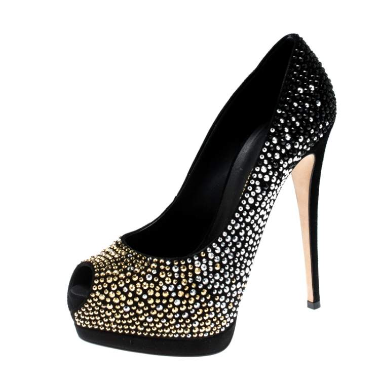 مملوكة مسبقًا Giuseppe Zanotti Black Crystal Embellished Peep Toe Platform Pumps Size 38.5