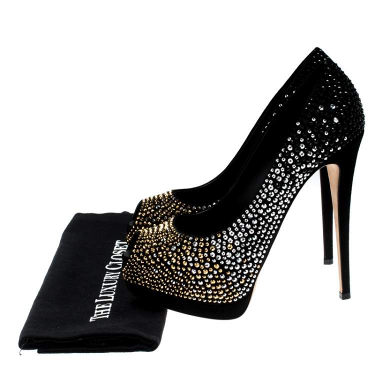 مملوكة مسبقًا Giuseppe Zanotti Black Crystal Embellished Peep Toe Platform Pumps Size 38.5