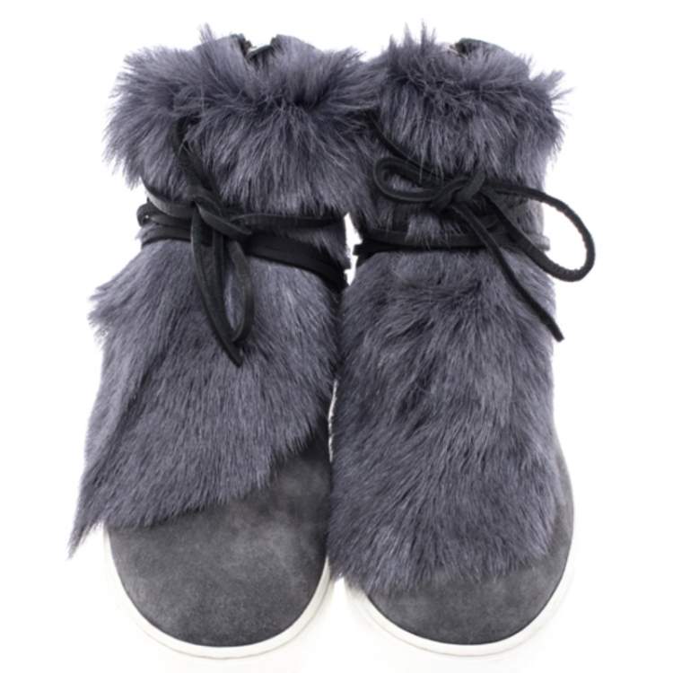 Pre Owned Gianvito Rossi Grey Suede And Fur Inuit Ankle Boots Size 38.5