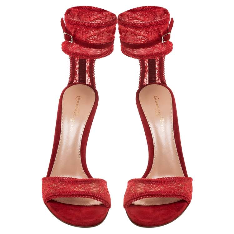 Pre Owned Gianvito Rossi Red Lace And Suede Ankle Strap Sandals Size 38