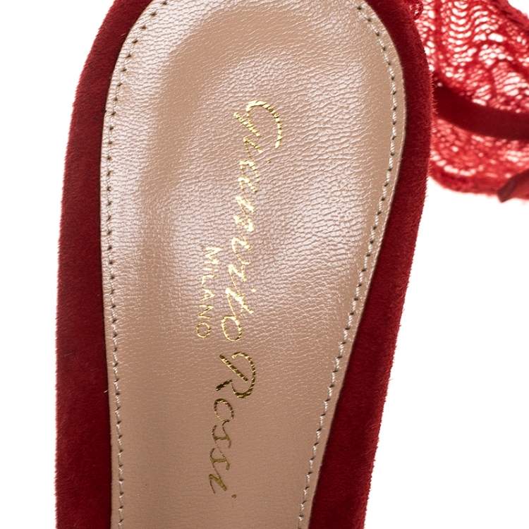Pre Owned Gianvito Rossi Red Lace And Suede Ankle Strap Sandals Size 38