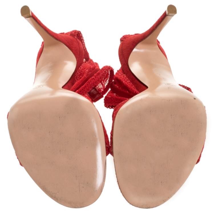 Pre Owned Gianvito Rossi Red Lace And Suede Ankle Strap Sandals Size 38