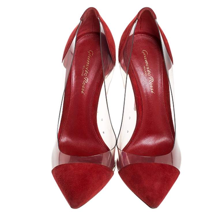 Pre Owned Gianvito Rossi Red Suede And PVC Plexi Pointed Toe Pumps Size 38