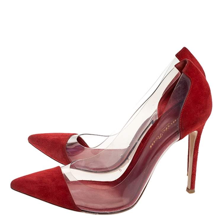 Pre Owned Gianvito Rossi Red Suede And PVC Plexi Pointed Toe Pumps Size 38
