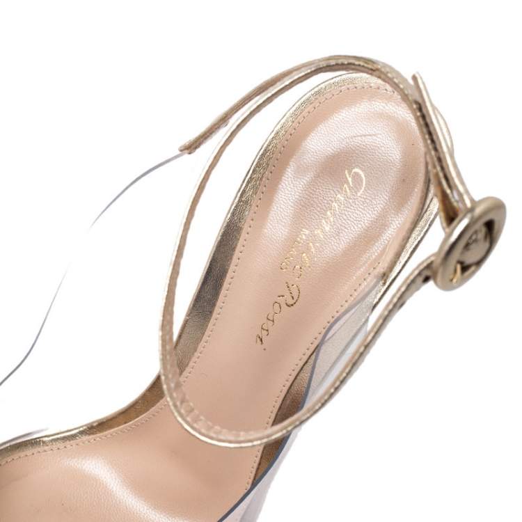 Pre Owned Gianvito Rossi Gold Foil Leather and PVC Plexi Pointed Toe Ankle Strap Sandals Size 38