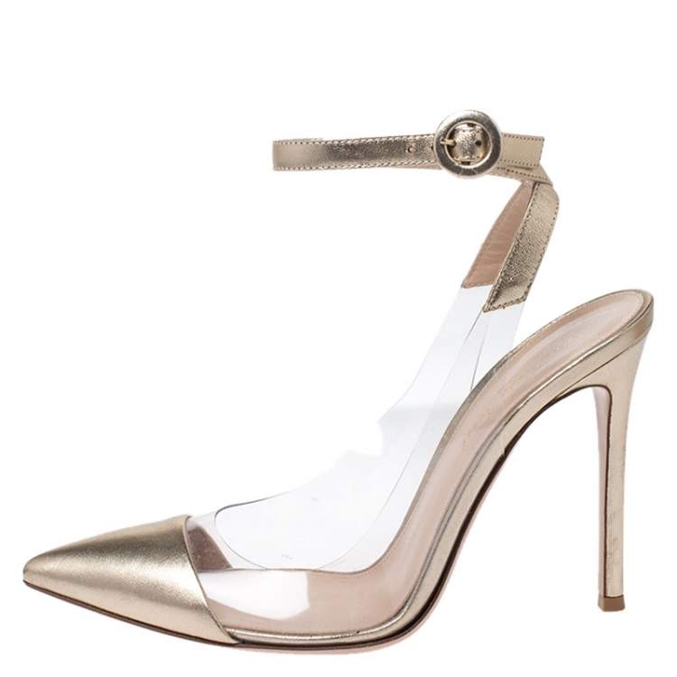 Pre Owned Gianvito Rossi Gold Foil Leather and PVC Plexi Pointed Toe Ankle Strap Sandals Size 38
