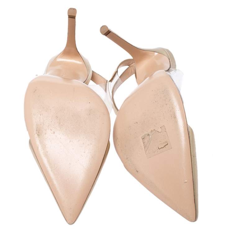 Pre Owned Gianvito Rossi Gold Foil Leather and PVC Plexi Pointed Toe Ankle Strap Sandals Size 38