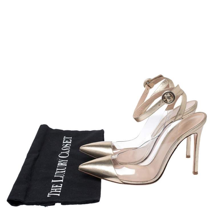Pre Owned Gianvito Rossi Gold Foil Leather and PVC Plexi Pointed Toe Ankle Strap Sandals Size 38